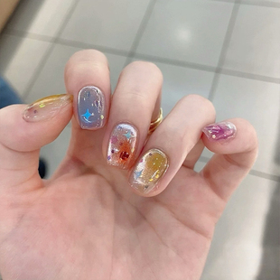 夏日新款 美甲成品手工定制穿戴甲 可爱显白彩虹星球马卡龙猫眼短款