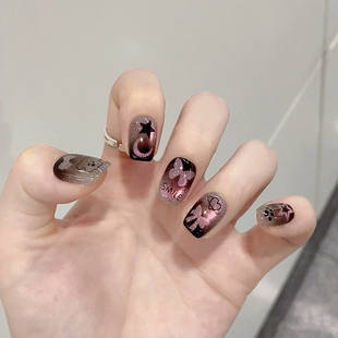 夏日新款 甜酷辣妹风显白紫黑烟花蝴蝶猫眼美甲成品手工定制穿戴甲