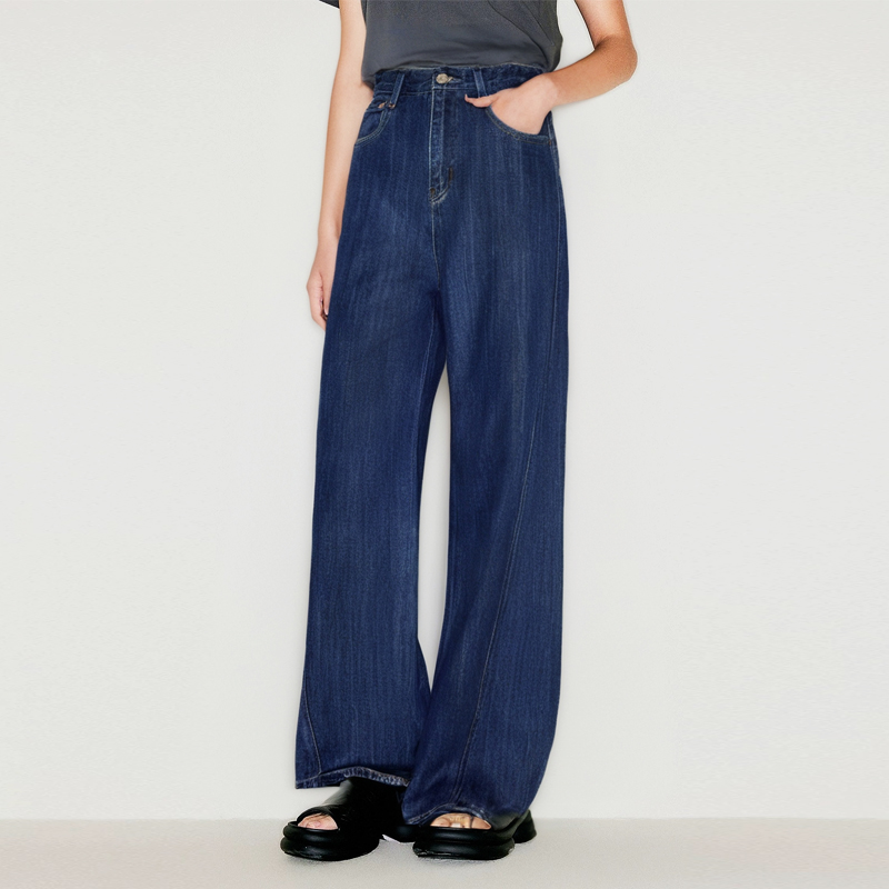 错落高腰高品质面料阔腿牛仔裤