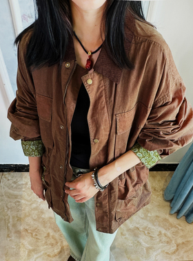 此时@绛沉 复古油蜡皮 撞色腰果花工装全棉夹克男女同款外套免洗