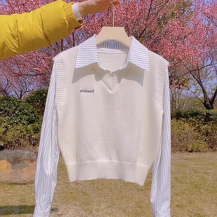 十三行韩版假两件拼接衬衫针织衫女2025春季新款软糯慵懒风上衣女