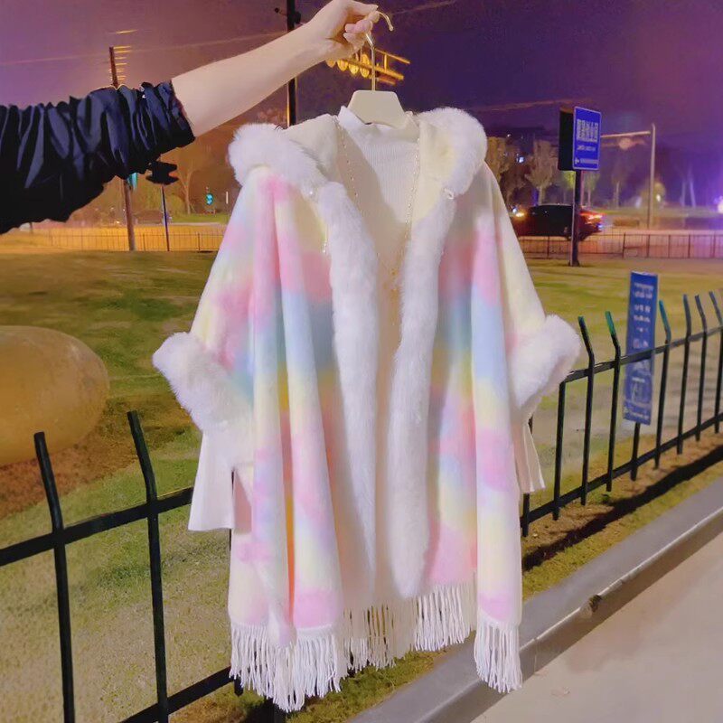粉色扎染炫彩仿毛领流苏斗篷外套女秋冬加绒加厚洋气连帽披肩外套