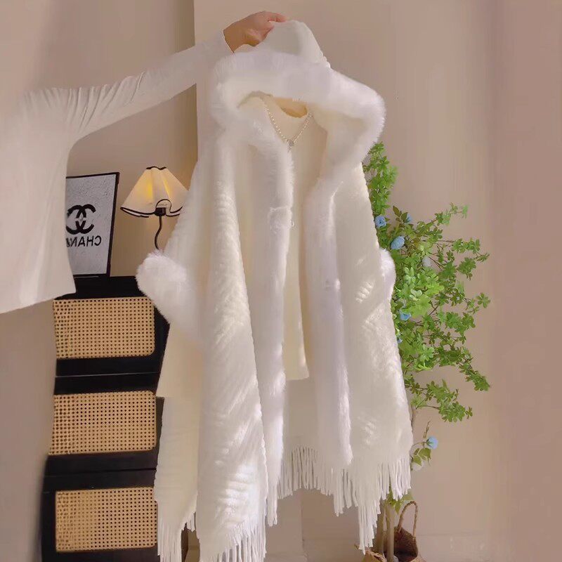 白色毛茸茸加绒加厚连帽毛领斗篷外套女秋冬设计感外穿流苏披肩女