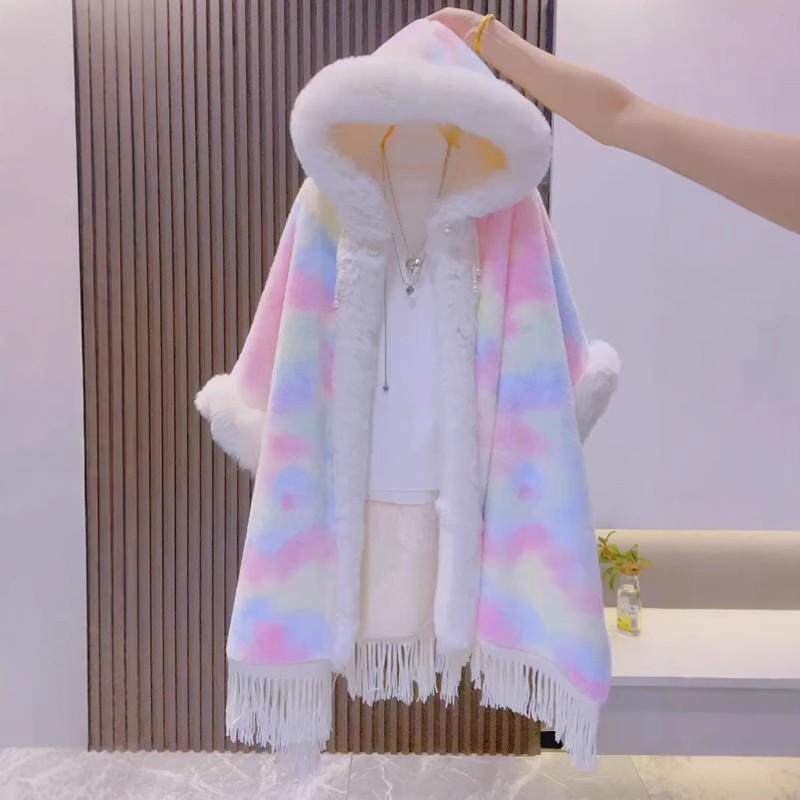 粉色扎染炫彩仿毛领流苏斗篷外套女秋冬加绒加厚时尚保暖连帽披肩