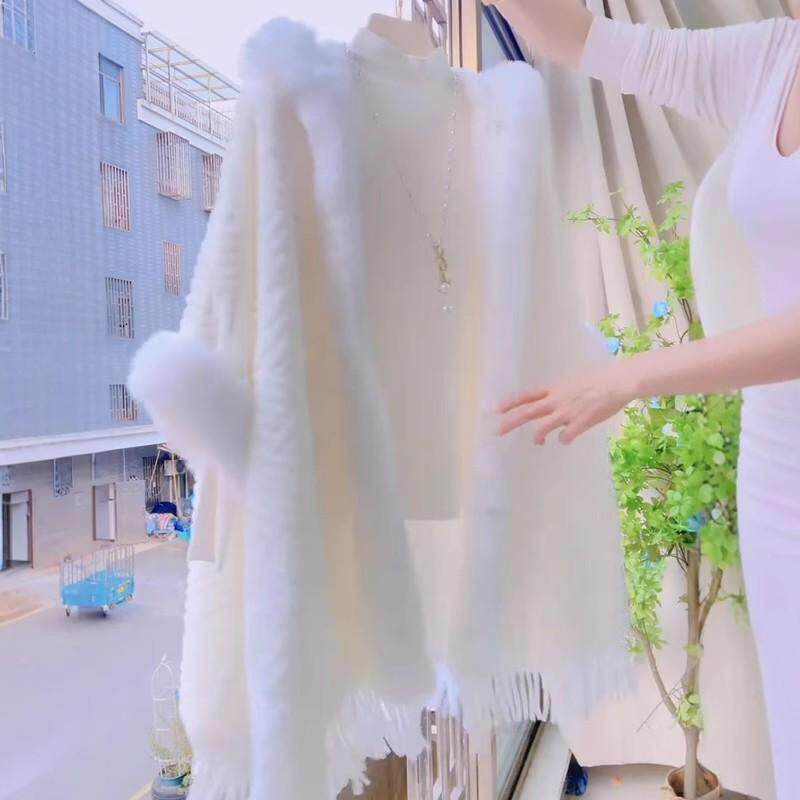 白色连帽流苏斗篷菱形披肩女秋冬加绒加厚中长款外穿毛领开衫外套