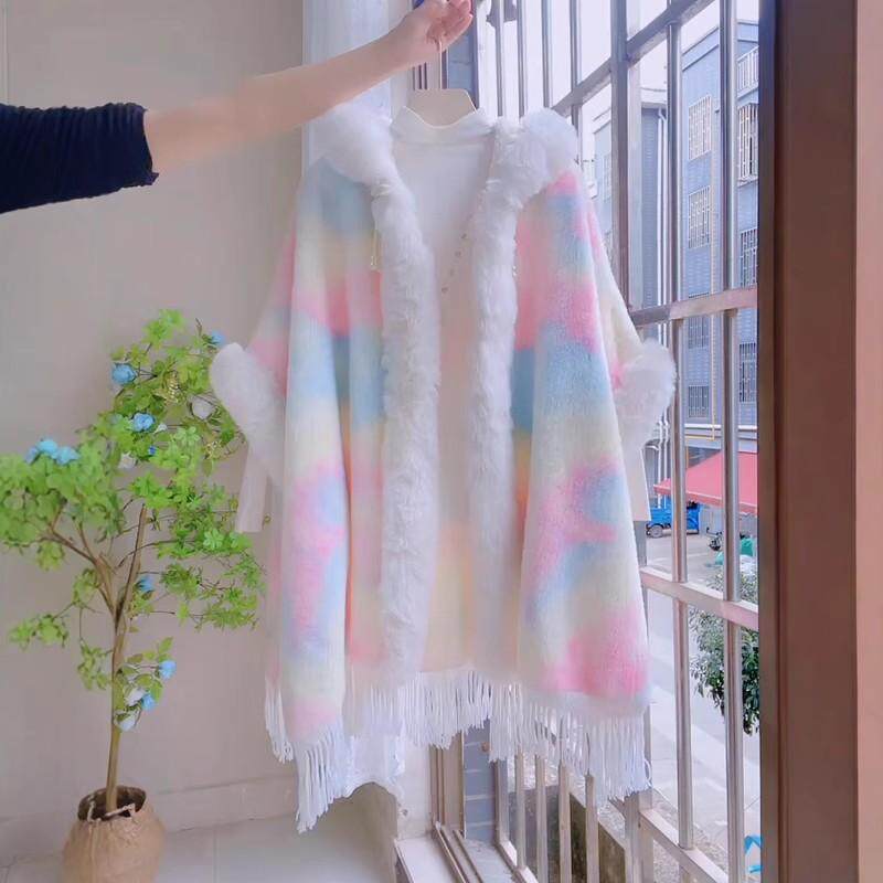 粉色扎染炫彩仿毛领流苏斗篷外套女秋冬加绒加厚洋气连帽披肩外套