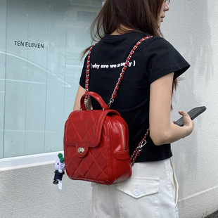 肥肥自制包包女士2025春夏新款 红色小香风菱格链条休闲百搭双肩包