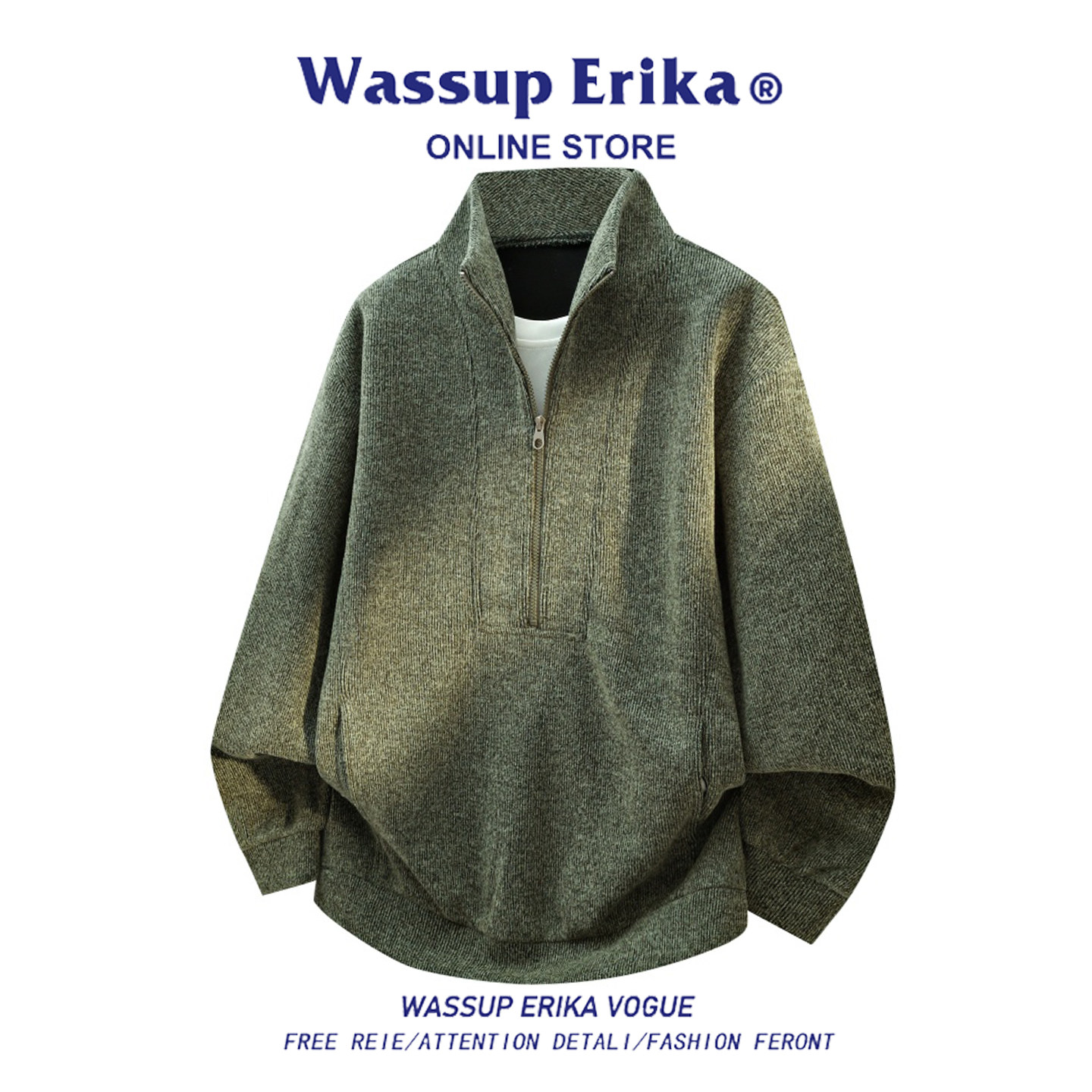 WASSUP ERIKA绿色针织衫立领毛衣男士秋季新款套头半拉链宽松上衣