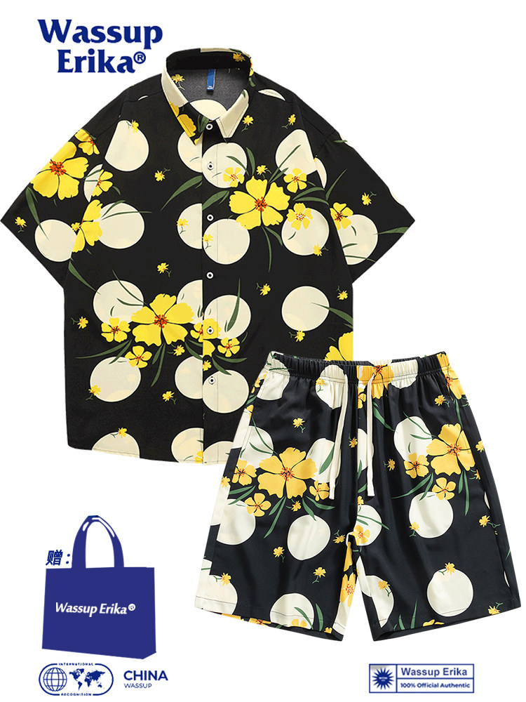 WASSUP ERIKA 하와이 스타일 셔츠 정장 남성 여름 방학 캐주얼 반팔 반바지 비치 플라워 셔츠