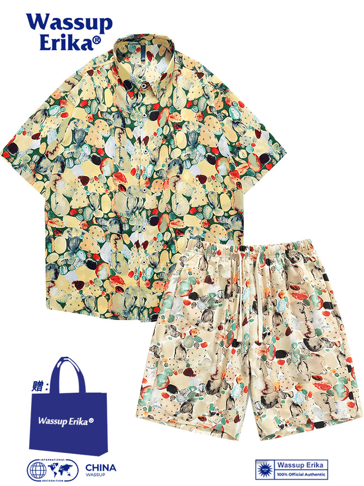 WASSUP ERIKA 하와이 스타일 셔츠 정장 남성 여름 방학 캐주얼 반팔 반바지 비치 플라워 셔츠