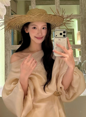 一字肩金属扣装饰收腰设计上衣小衫(不含下装)DM2603218