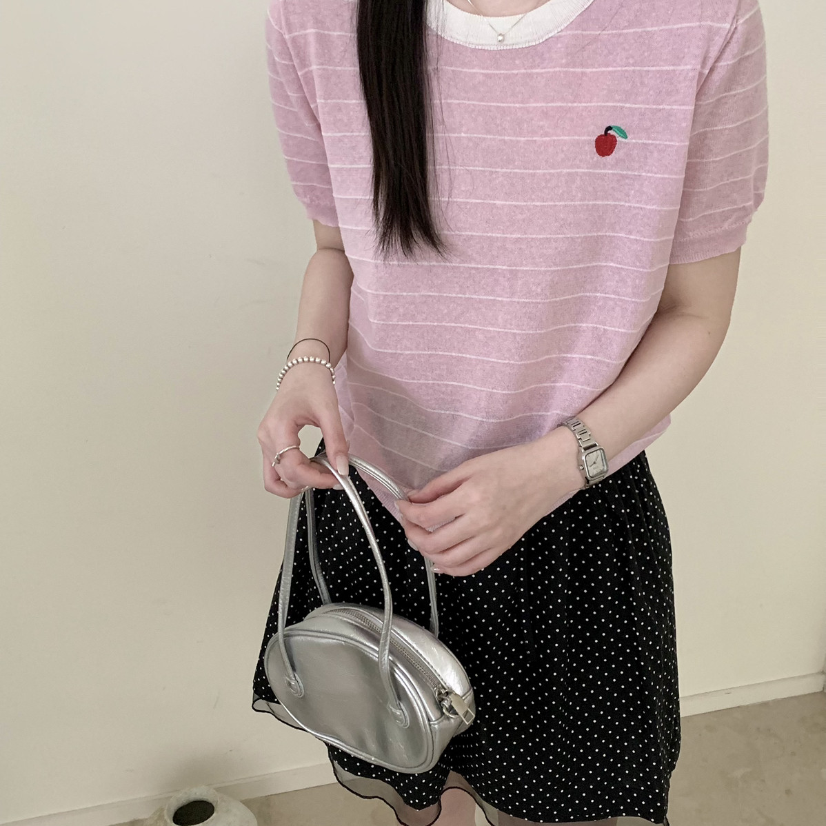 上新夏日活力可爱条纹草莓刺绣套头短袖针织衫26XY10036