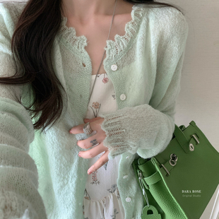 R9014 春上新微透薄荷绿简约韩风花边领百搭针织开衫