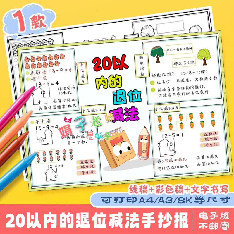 思维导图模版小学生数学20以内的退位减法手抄报线稿半成品儿童画