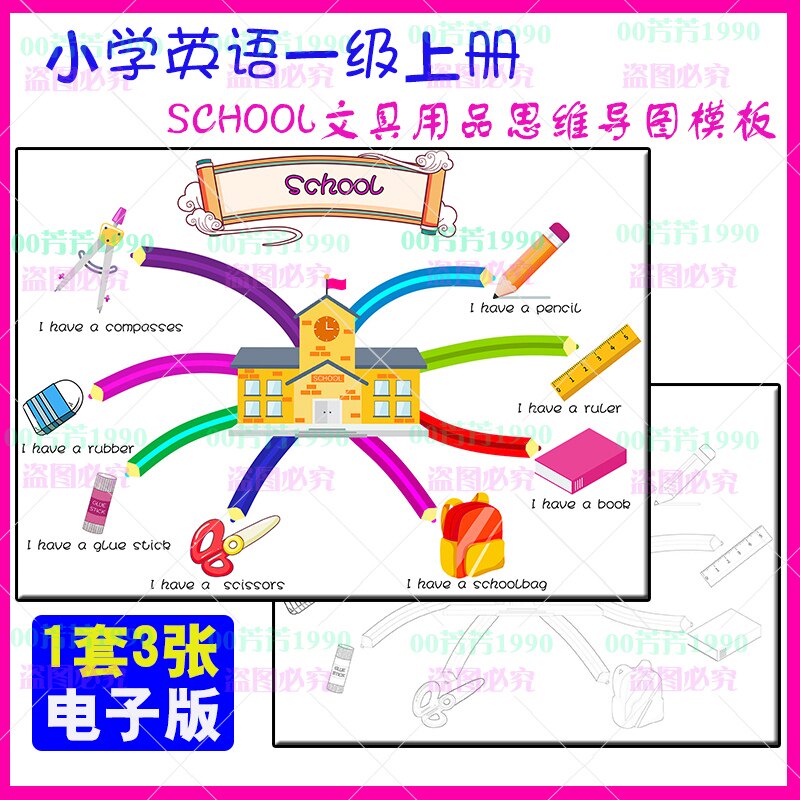 小报线稿英语思维导图手抄报模板小学生一年级上册school文具用品