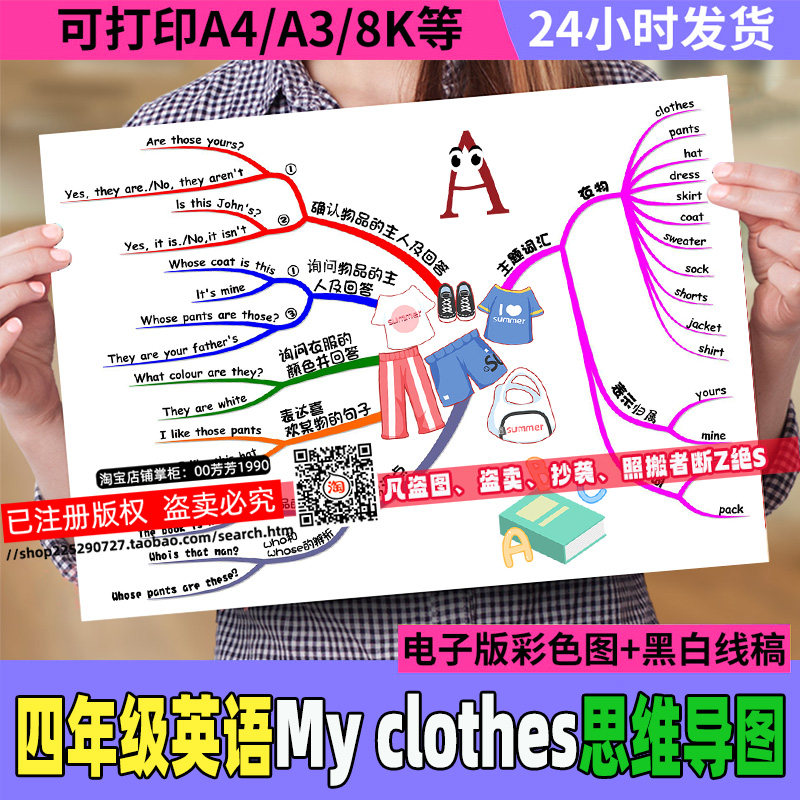 下册第五单元my clothes思维导图手绘线稿模板人教pep英语四年级