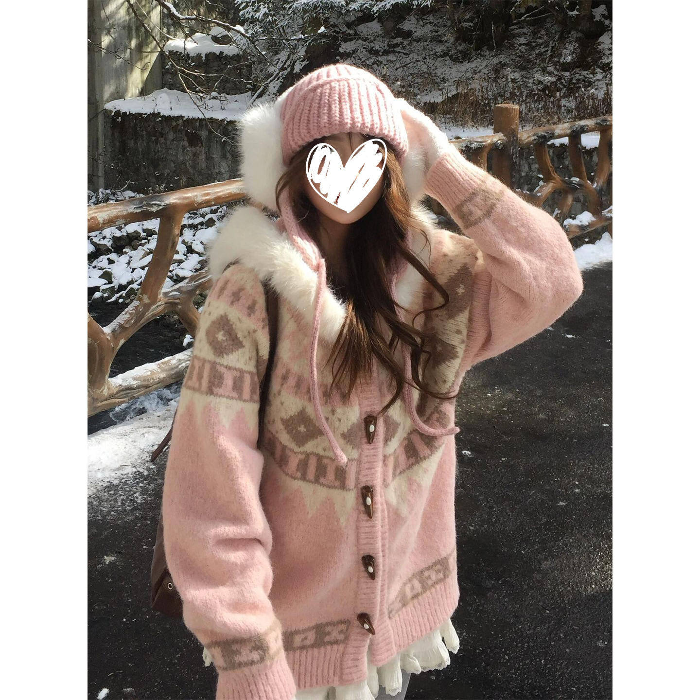 粉色连帽加绒毛领宽松针织外套女秋冬新款复古小众费尔岛长袖开衫