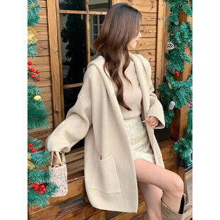 秋冬女上衣高级感中长款连帽毛衣开衫外套气质百搭宽松无扣慵懒风