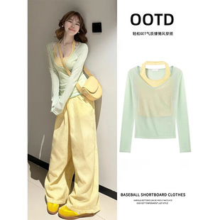 薄荷绿色夏日轻薄罩衫薄纱上衣女开春多巴胺吊带两件套装春夏穿搭