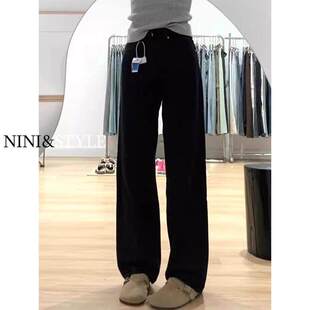 黑色窄版阔腿牛仔裤女小个子春秋2025年新款高腰宽松直筒裤子夏季