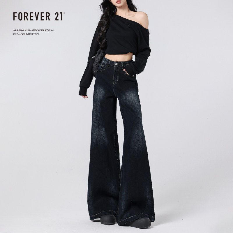Forever 21美式覆古蓝灰阔腿牛仔裤女春夏新款宽松高腰垂感直筒裤