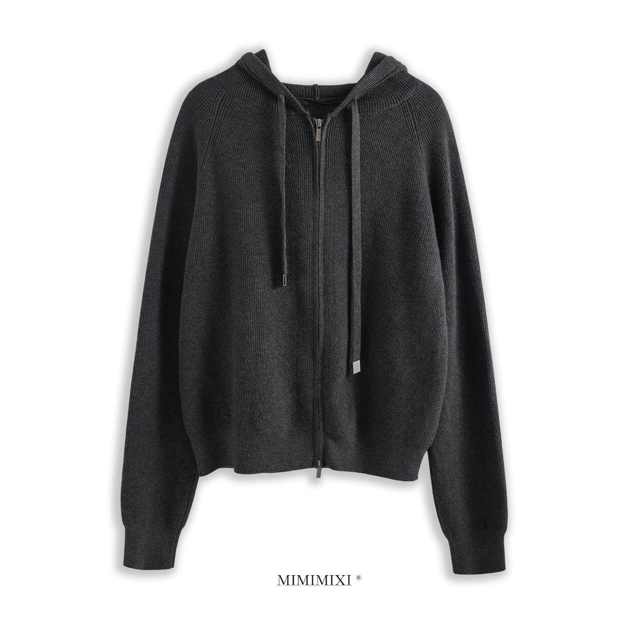MIMIMIXI 老钱风连帽针织衫女秋冬上衣宽松休闲拉炼开衫毛衣外套