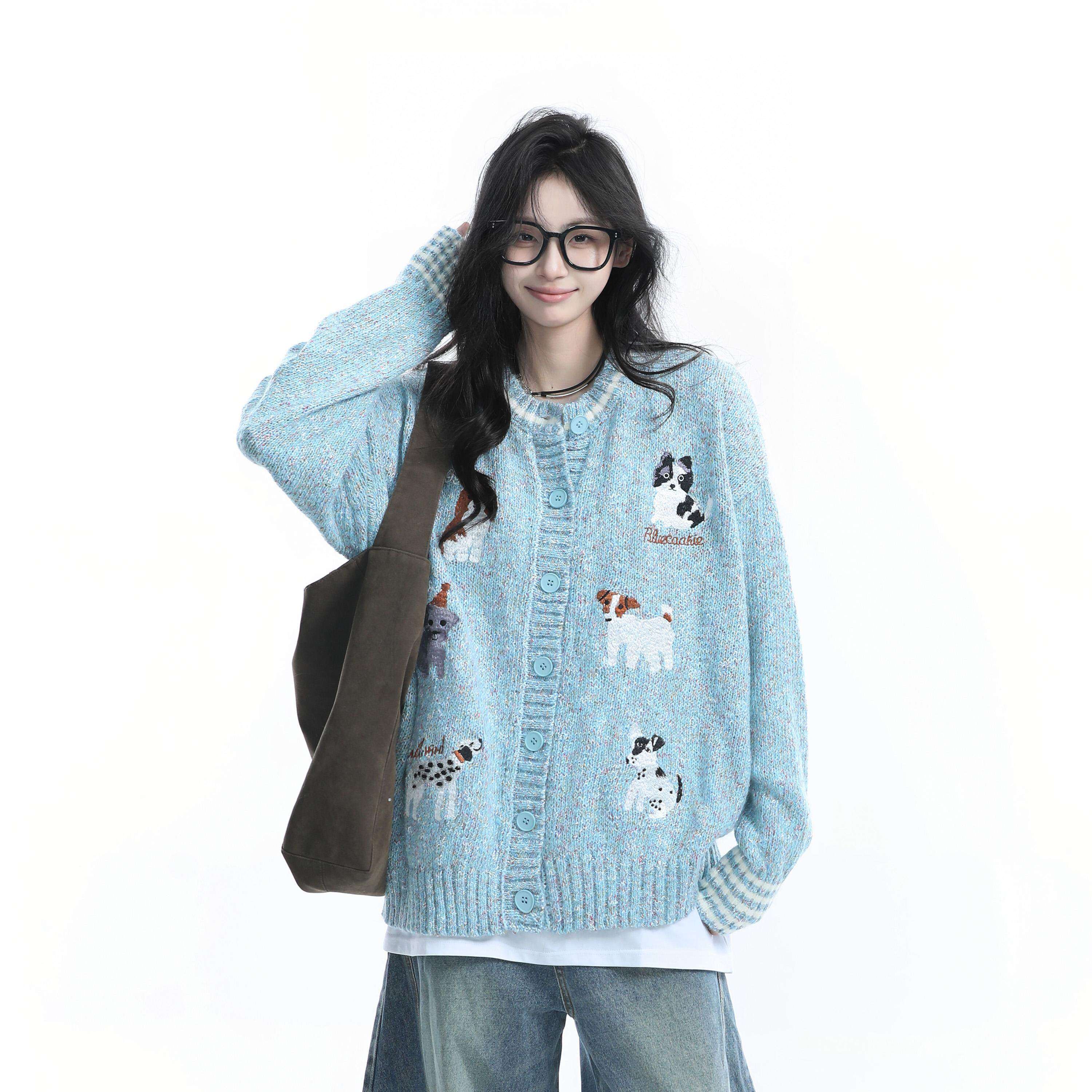 【坐吃山空】美式复古小狗提花开衫毛衣女秋冬慵懒风宽松针织衫潮