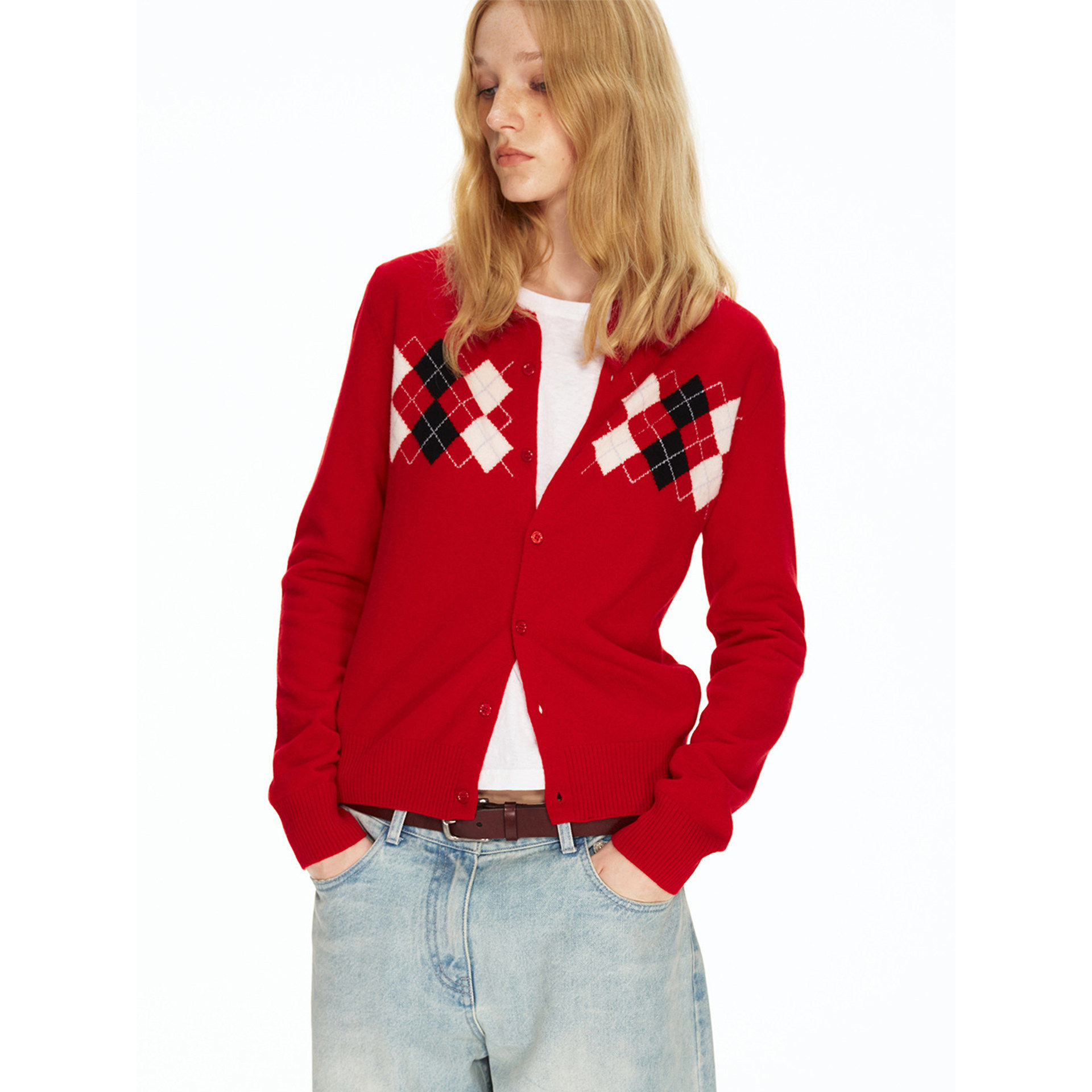 复古红色菱格提花毛衣开衫女秋冬季圣诞氛围感显瘦叠穿针织衫上衣