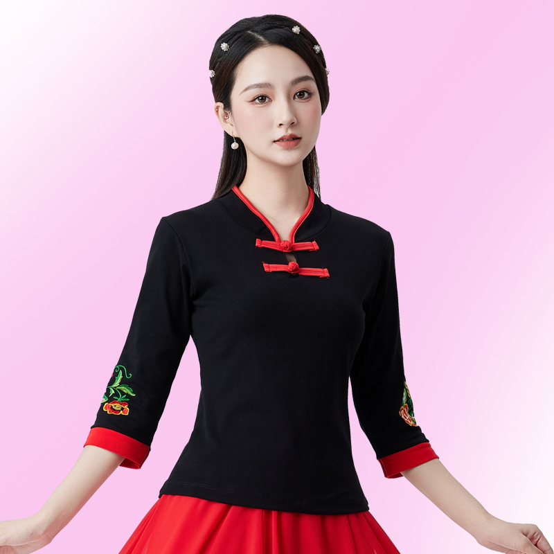广场舞服装上衣2025夏新款中老年大妈短袖民族风棉绣花舞蹈衣服女
