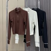 半拉链竖条短款 T恤gwr Rulu女罗纹运动上衣高弹瑜伽长袖