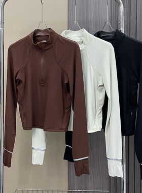 半拉链竖条短款It's Rulu女罗纹运动上衣高弹瑜伽长袖T恤gwr