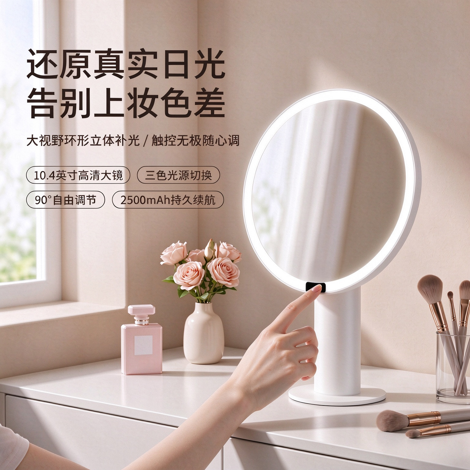 化妆镜带灯桌面台式led灯镜子梳妆台大号家用高清智能充电梳妆镜