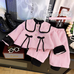 女童小香风套装2026冬季新款翻领拼接毛呢夹棉外套加绒马裤两件套