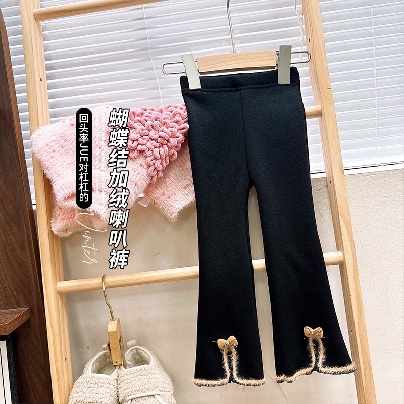 韩韩良品儿童加绒蝴蝶结喇叭裤2024秋冬新款女童韩版时尚开叉长裤