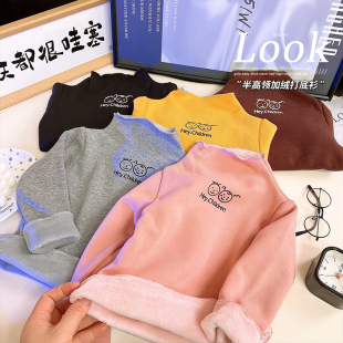 韩韩良品女童棉质半高领加绒打底衫 卡通百搭保暖上衣 2024秋冬新款