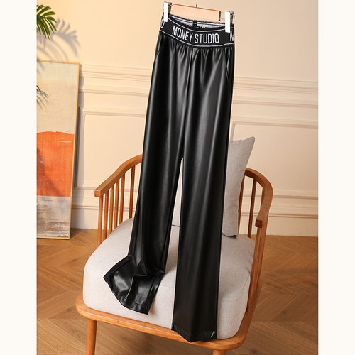 黑色皮裤百搭秋冬加绒阔腿裤