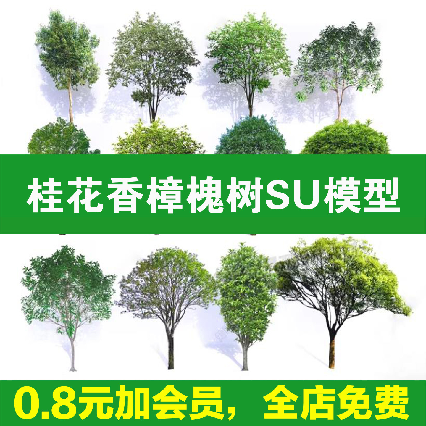 桂花香樟国槐银杏小乔木丛生朴树乌桕槭树栾树榆树草图大师SU模型