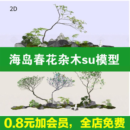 海岛春花园林中式日式庭院植物小杂木2d花园su模型素材斜飘树飘枝