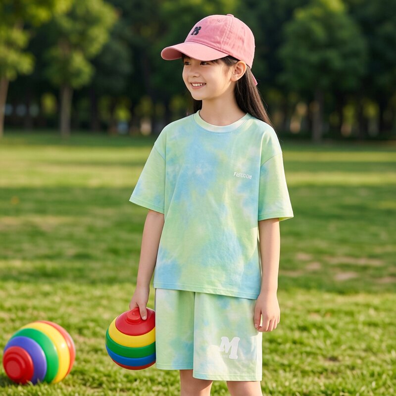 男童个性时尚落肩袖套装儿童纯棉短袖夏装中大童学生两件套女童装