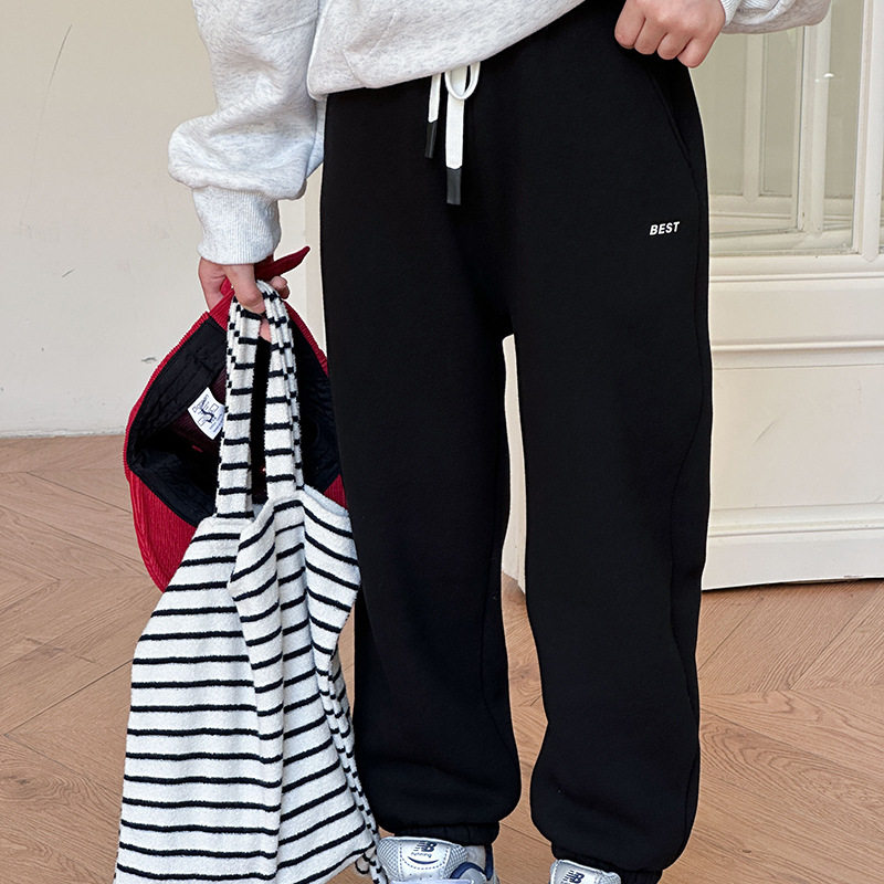 秋冬韩版中小童休闲裤子纯棉印花运动裤女加绒阔腿裤加厚男童卫裤