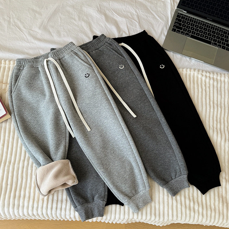 秋冬加厚女童笑脸休闲裤子学生加绒阔腿卫裤韩版纯棉运动休闲裤