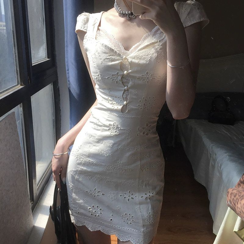 小 时光修身拼接连衣裙字简约的白裙悸动短裙感肌理女夏季蕾丝a