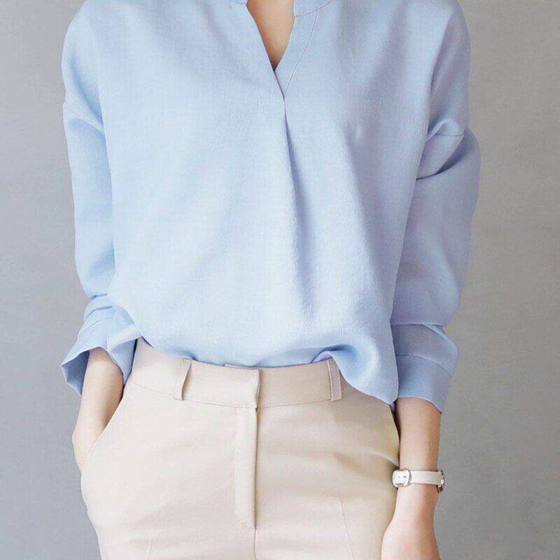 风通勤现货V领显瘦2025韩版女装宽松纯色中长款气质通勤衬衫女士