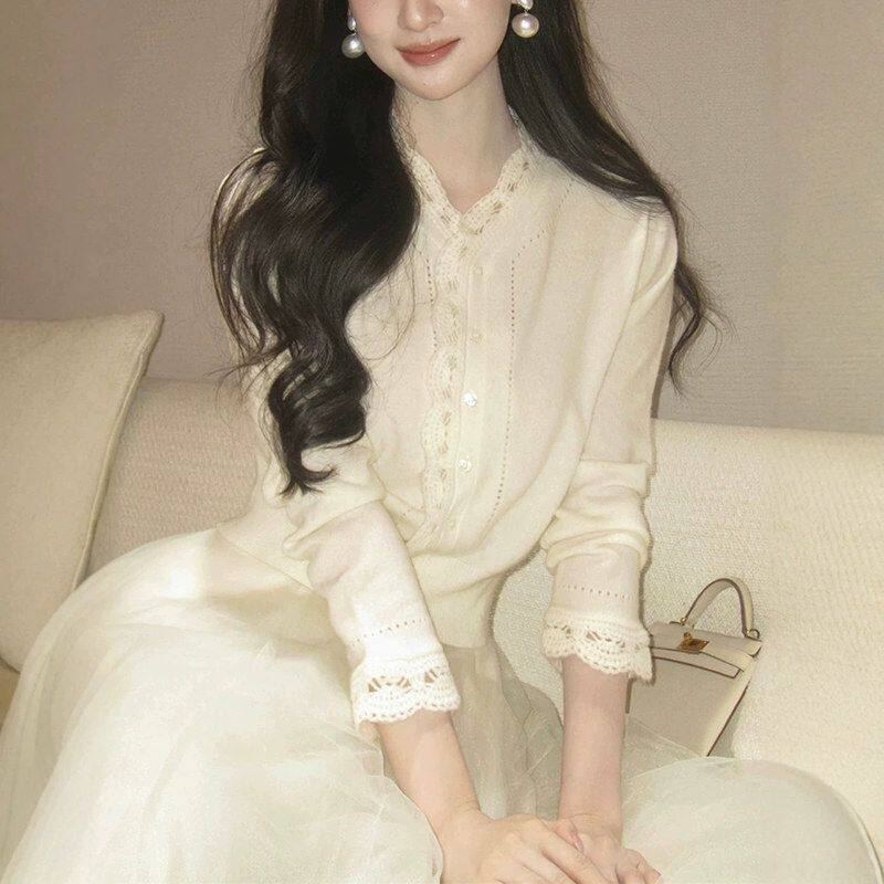 套装开衫高腰花边】仙女网纱收腰上衣温柔织雾半身裙蕾丝针织【风