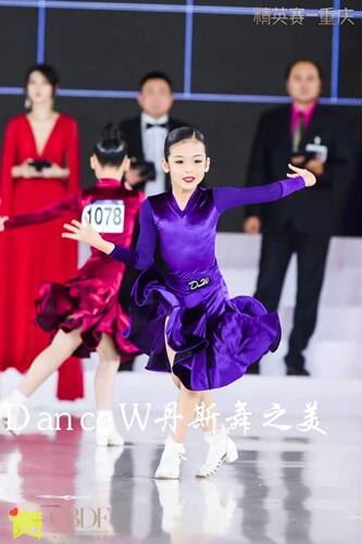 CBDF12岁以下标准比赛服演出服表演服2021新款分体紫色V领网纱袖