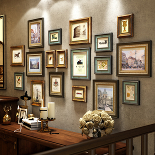 复古奢华实木相框背景墙照片墙免打孔新中式 饰组合 客厅画框挂墙装