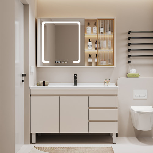 轻奢法式奶油风陶瓷一体盆实木智能卫生间洗手洗脸落地式浴室柜