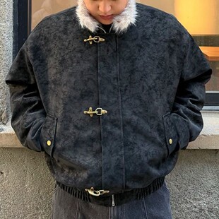 郑一穿搭【哈林顿座山雕】飞机扣加厚美式立领雾面皮衣棉服外套