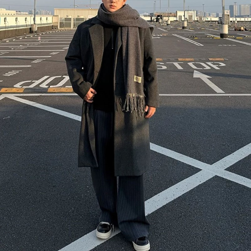 秋冬加棉男中长款纯色毛呢大衣