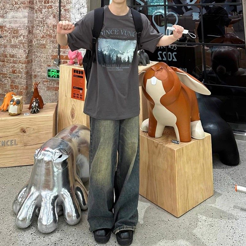 复古港风做旧宽松阔腿拖地牛仔裤